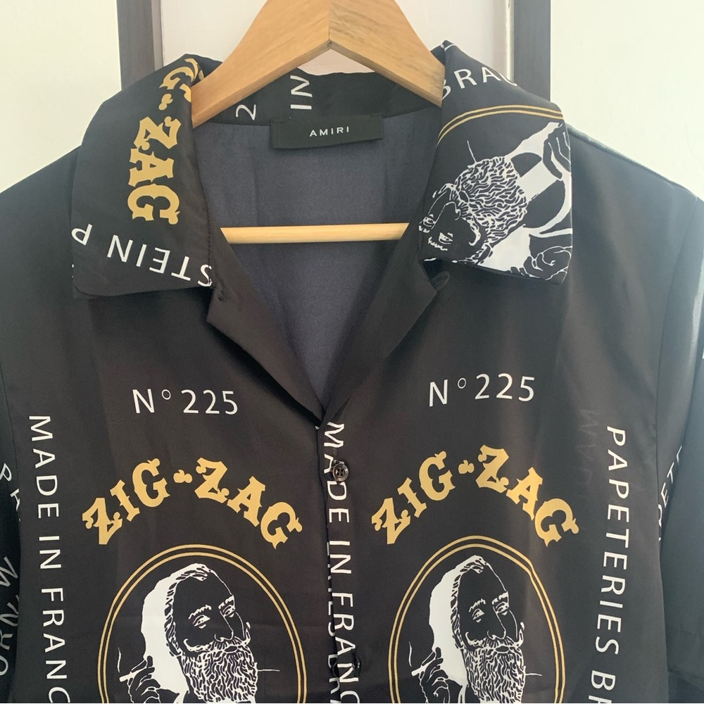 Amiri Silk Zig-Zag Silk Shirt in Black, Size Small Men's